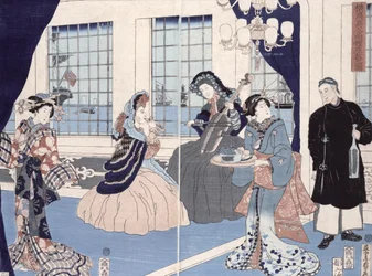 Der Salon eines Hauses ausländischer Kaufleute in Yokohama, 1861